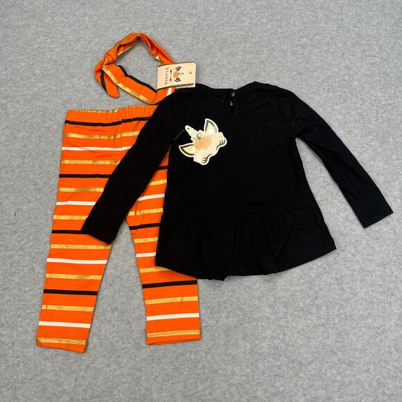 Btween Halloween Outfit Girls 18M Pumpkin Top, Striped Pants Headband Set Fall - Picture 4 of 8